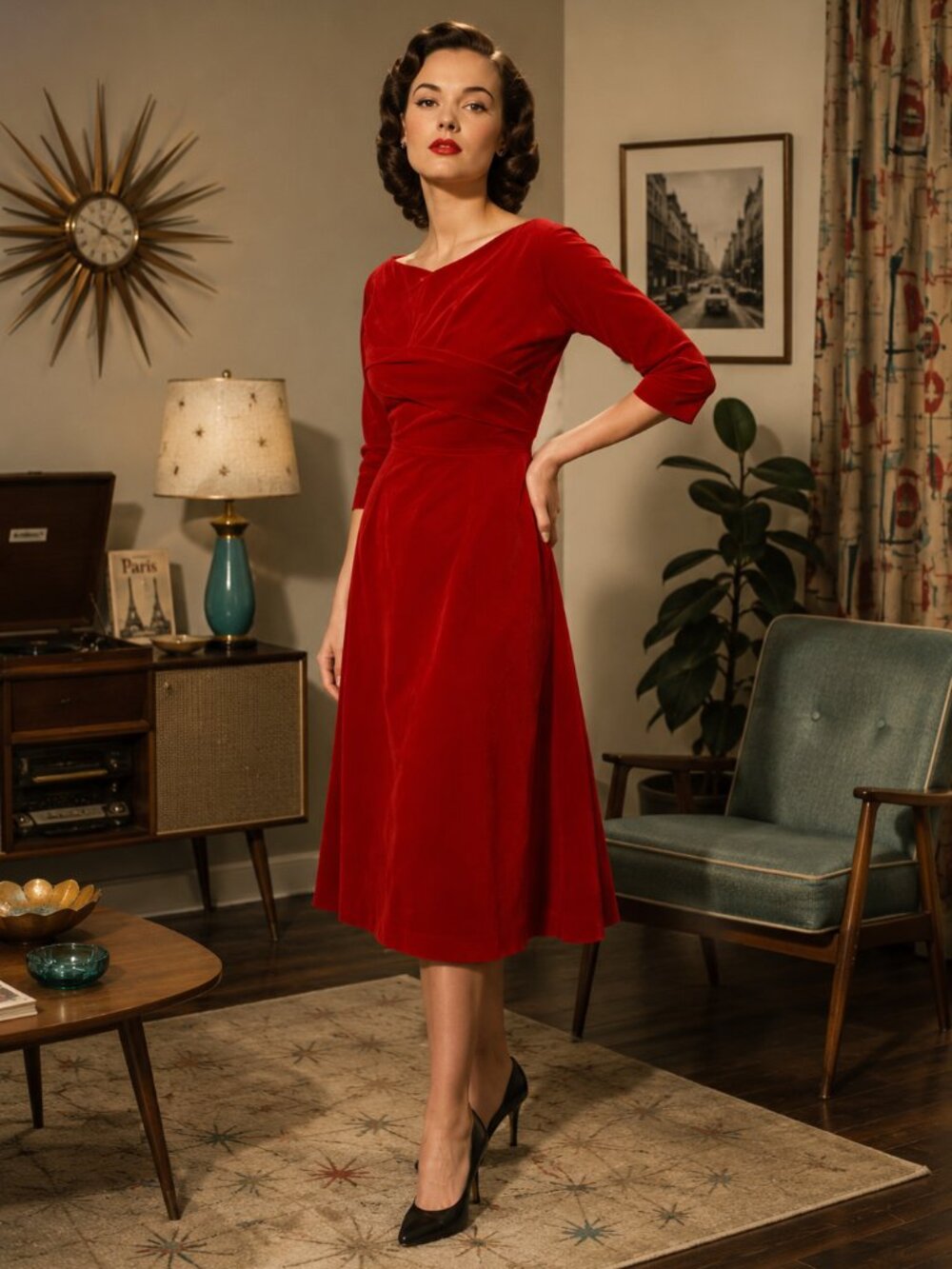 Vintage 1950s Red Velvet Evening Dress with Sash